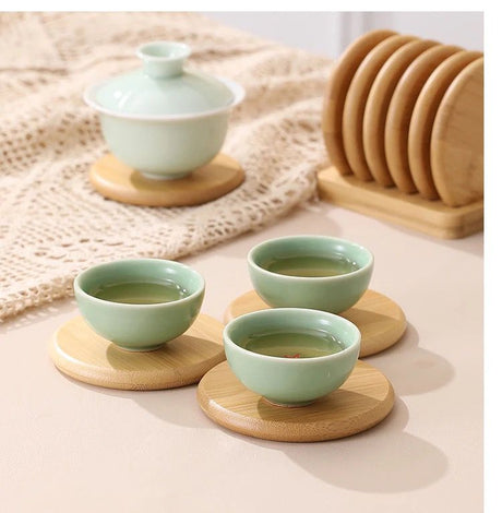 Furaha Finds Eco-Friendly Heavy Duty Bamboo Coasters  6pcs Set with Holder Rack