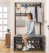 Furaha Finds Multipurpose Entryway Bench with Shoe Rack & Clothes Hanger Space saving black & white organizer for shoes, coats, and accessories.