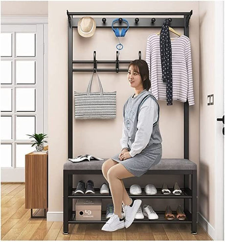 Furaha Finds Multipurpose Entryway Bench with Shoe Rack & Clothes Hanger Space saving black & white organizer for shoes, coats, and accessories.