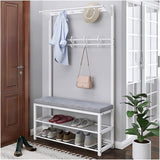 Furaha Finds Multipurpose Entryway Bench with Shoe Rack & Clothes Hanger Space saving black & white organizer for shoes, coats, and accessories.