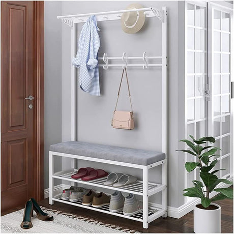 Furaha Finds Multipurpose Entryway Bench with Shoe Rack & Clothes Hanger Space saving black & white organizer for shoes, coats, and accessories.