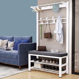 Furaha Finds Multipurpose Entryway Bench with Shoe Rack & Clothes Hanger Space saving black & white organizer for shoes, coats, and accessories.