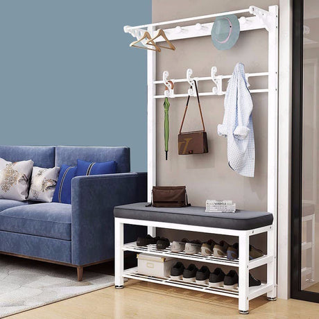 Furaha Finds Multipurpose Entryway Bench with Shoe Rack & Clothes Hanger Space saving black & white organizer for shoes, coats, and accessories.