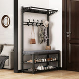 Furaha Finds Multipurpose Entryway Bench with Shoe Rack & Clothes Hanger Space saving black & white organizer for shoes, coats, and accessories.