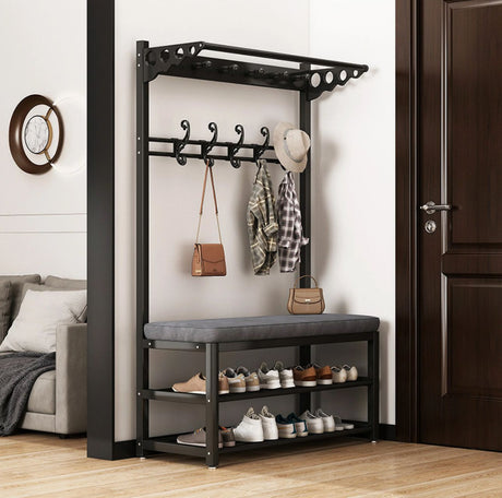 Furaha Finds Multipurpose Entryway Bench with Shoe Rack & Clothes Hanger Space saving black & white organizer for shoes, coats, and accessories.