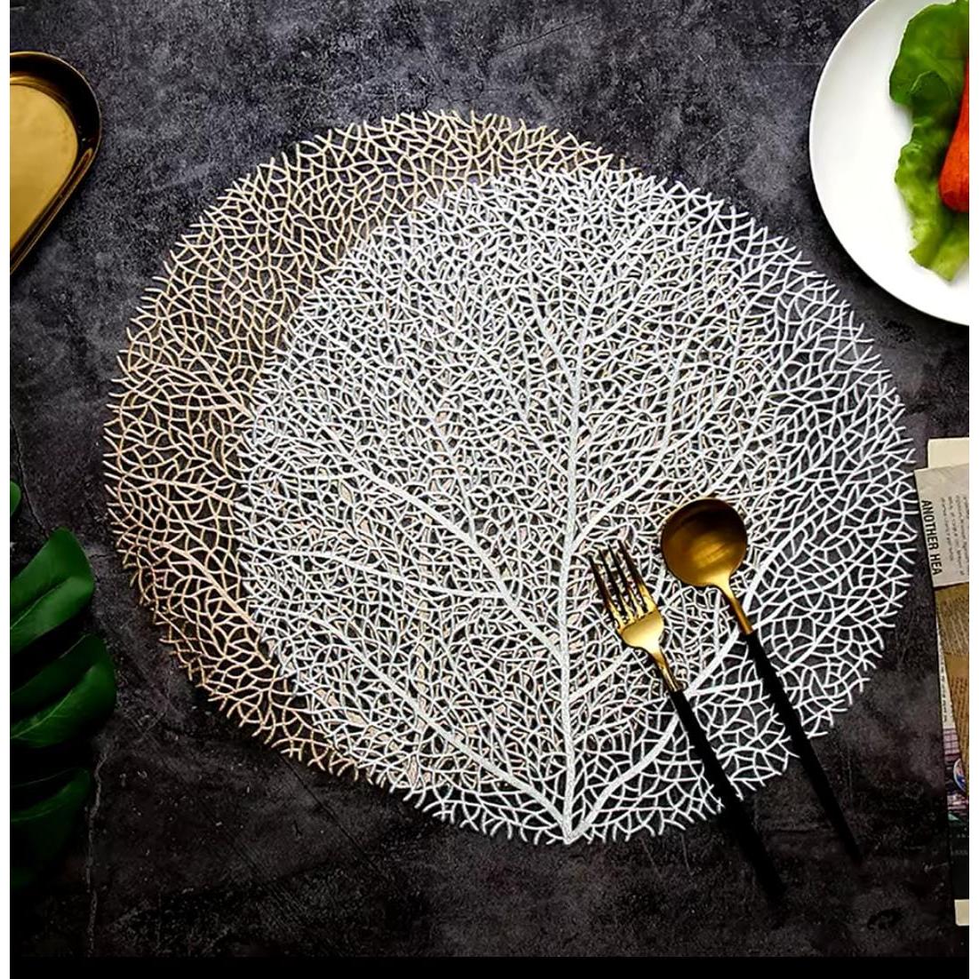 Round Leafy PVC Table Mats – 6-Piece Set | Gold & Silver (38cm)