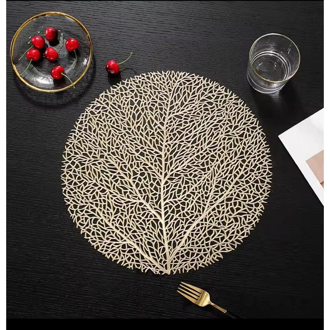 Round Leafy PVC Table Mats – 6-Piece Set | Gold & Silver (38cm)