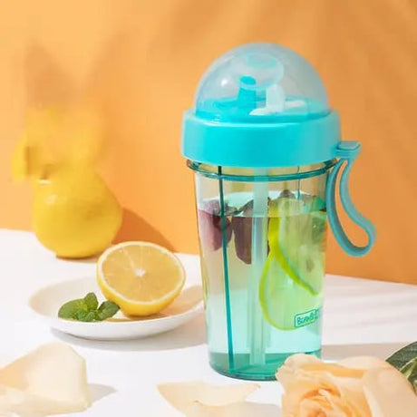 Partitioned Water Bottle Dual Compartment Bottle with Double Straw 420ml- Furaha Finds Kenya