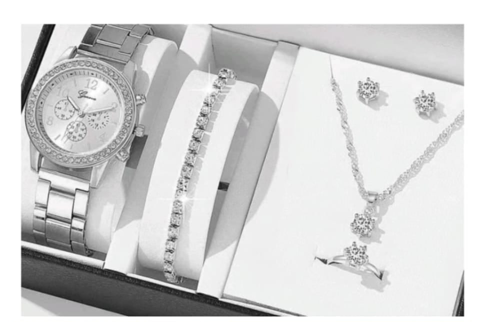 5In1 Geneva Ladies Gift Set - Watch, Necklace, Bracelet, Earrings & Ring Silver