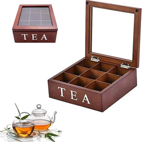 9-Grid Bamboo Tea Bag Organizer – Wooden Storage Box with Visible Lid kitchen counter Kitchen Counter & Beverage Station Organizers