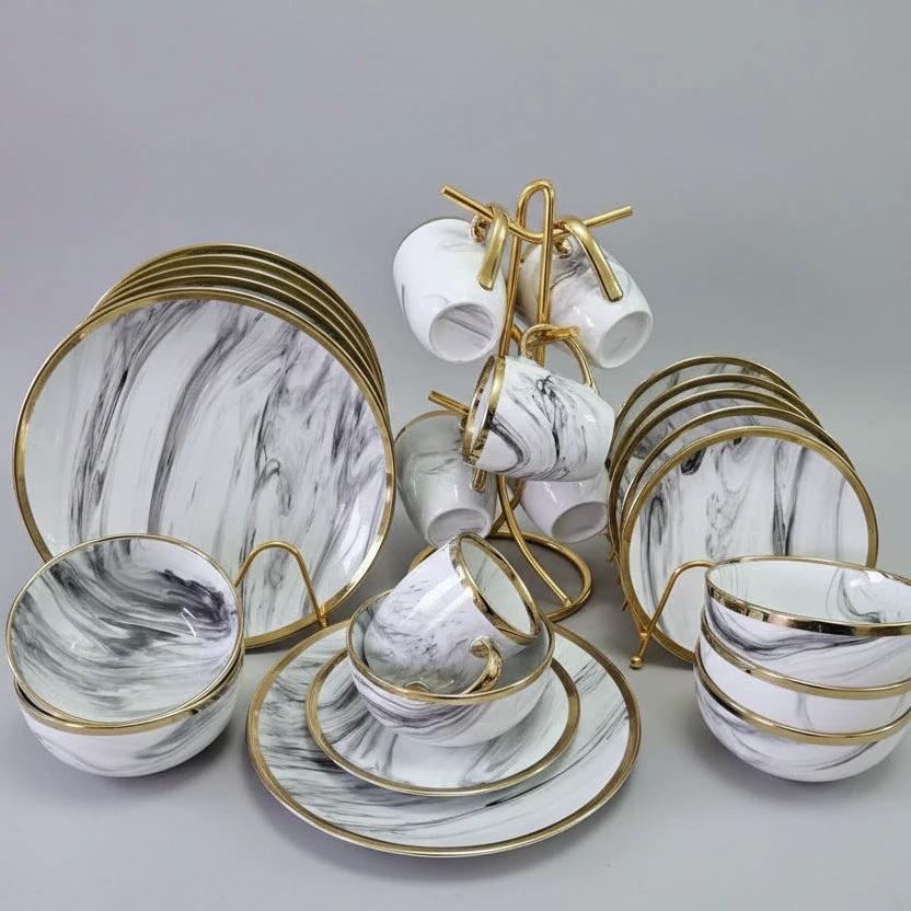 24-Piece Black Marble Dinner Set - Complete Dining Collection Kitchen & Dining Dinnerware Sets