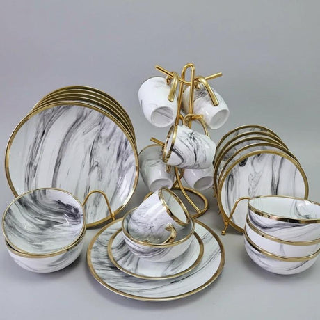 24-Piece Black Marble Dinner Set - Complete Dining Collection Kitchen & Dining Dinnerware Sets