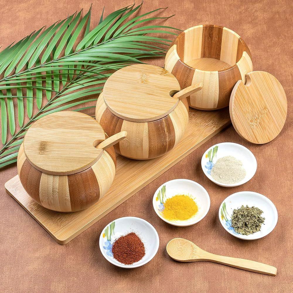 3pcs Condiment Jars with Bamboo Stand Home & Garden Condiment Dispensers