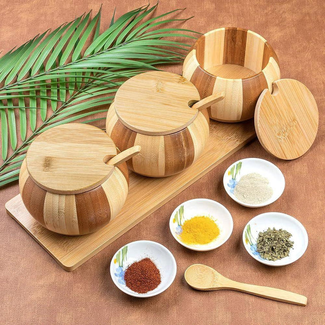 3pcs Condiment Jars with Bamboo Stand Home & Garden Condiment Dispensers