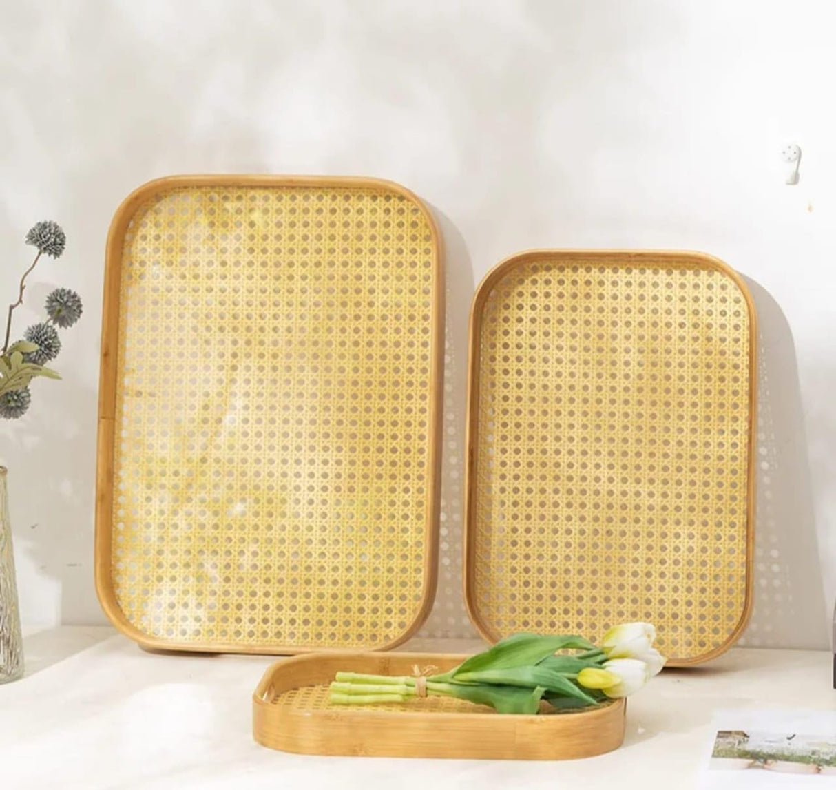 Bamboo Serving Trays 3 Piece Set - Multi-Functional Wooden Trays Grid Bottom Home Decor