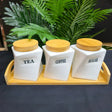 3pc Ceramic Canister Set with Bamboo Lids and Wooden Tray Kitchenware Food Storage Containers