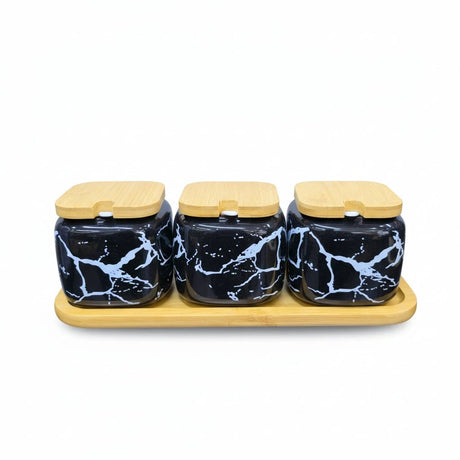3pcs Ceramic Condiment Set With Lids Spoons & Tray Kitchenware Condiment Shakers