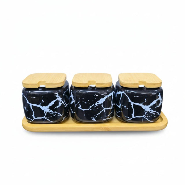 3pcs Ceramic Condiment Set With Lids Spoons & Tray Kitchenware Condiment Shakers