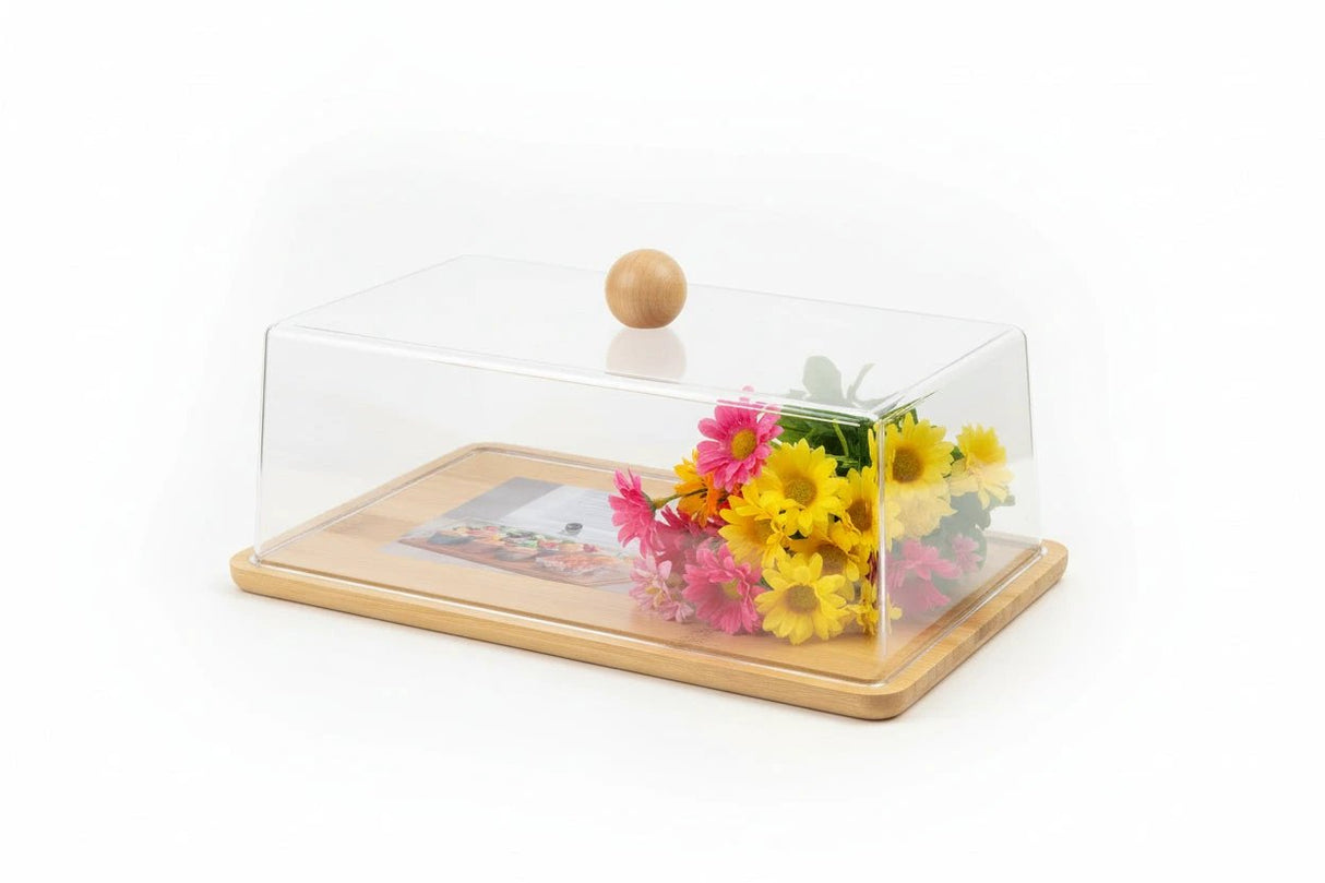 Rectangle Bamboo Food Tray with Acrylic Lid – 28cm Kitchenware Serving Trays