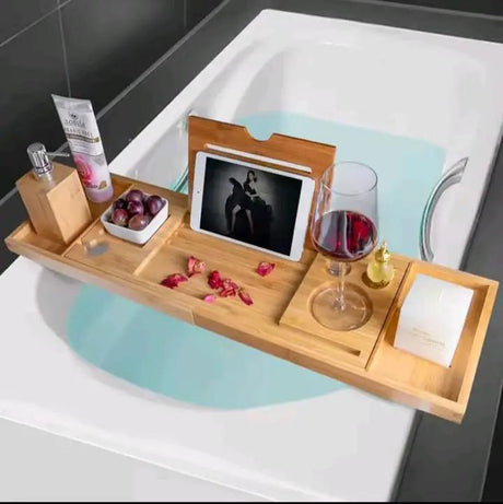 Expandable Bamboo Bathtub Caddy Tray & Breakfast Bed Table Bath & Bedroom Accessories Bathtub Caddies