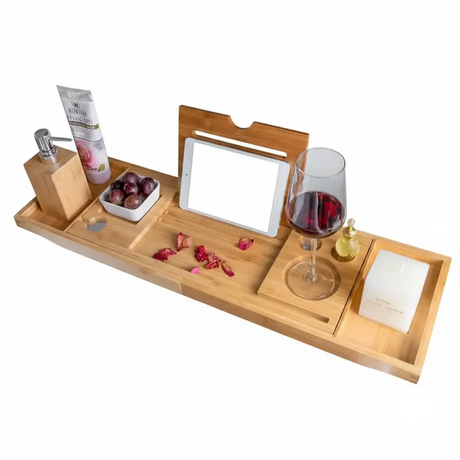 Expandable Bamboo Bathtub Caddy Tray & Breakfast Bed Table Bath & Bedroom Accessories Bathtub Caddies