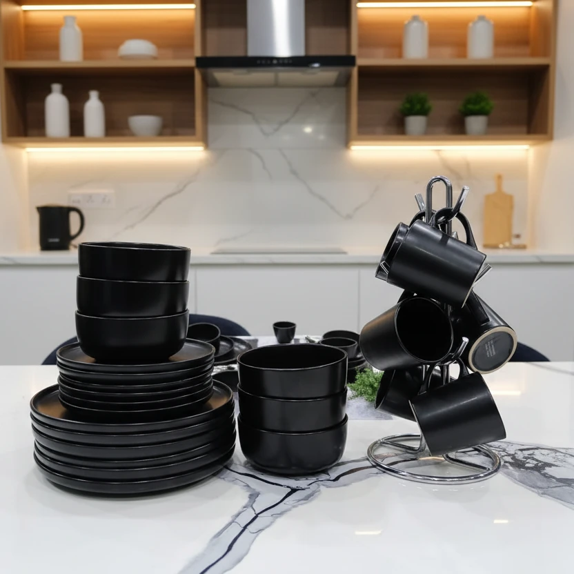 24 Piece Black Dinner Set - Serves 6 Kitchen & Dining Dinnerware Sets