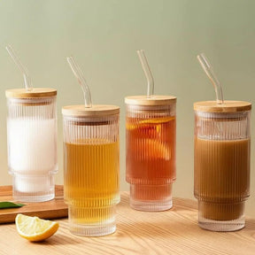350ml Borosilicate Glass Tumbler with Bamboo Lid and Straw Kitchen & Dining Tumblers