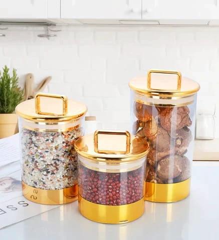 3-Piece Luxury Golden Acrylic Kitchen Canister Storage Jar Set Tea Sugar Coffee Cereal Kitchen & Dining Food Storage Containers