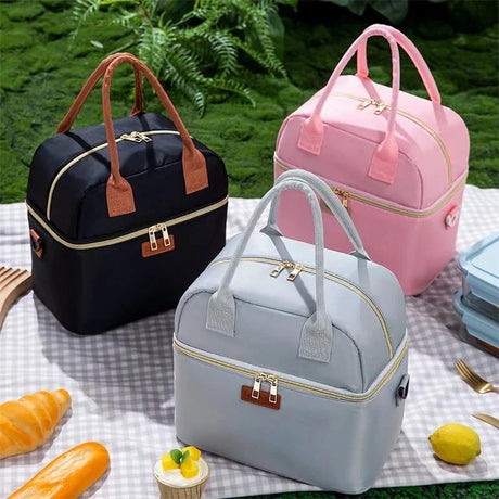 Double Layer Insulated Lunch Bag with Removable Shoulder Strap Black Grey Bags & Accessories Lunch Bags