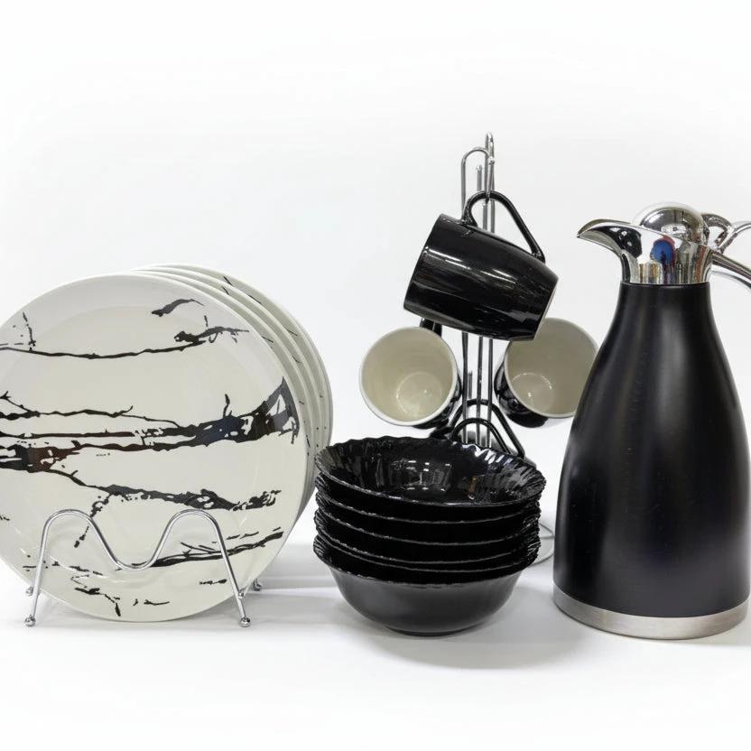 19-Piece Marble Effect Dinner Set with 2L Flask 6 Plates 6 Bowls 6 Mugs Kitchen & Dining Dinnerware Sets