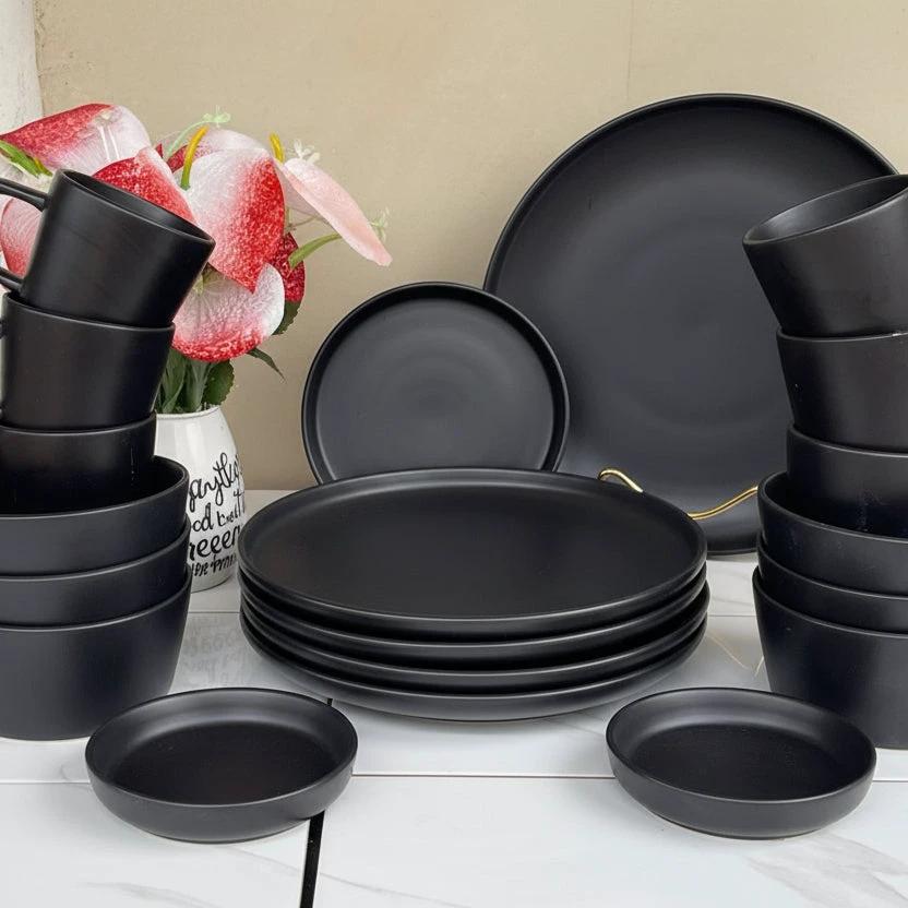 Black 24-Piece Dinner Set 6 Plates 6 Side Plates 6 Bowls 6 Cups Elegant Dining Kitchen & Dining Dinnerware Sets
