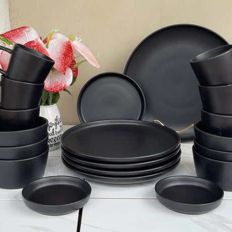Black 24-Piece Dinner Set 6 Plates 6 Side Plates 6 Bowls 6 Cups Elegant Dining Kitchen & Dining Dinnerware Sets