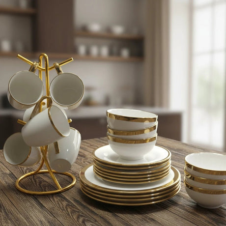 24pcs Gold Ring Ceramic Dinner Set Kitchen & Dining Dinnerware Sets