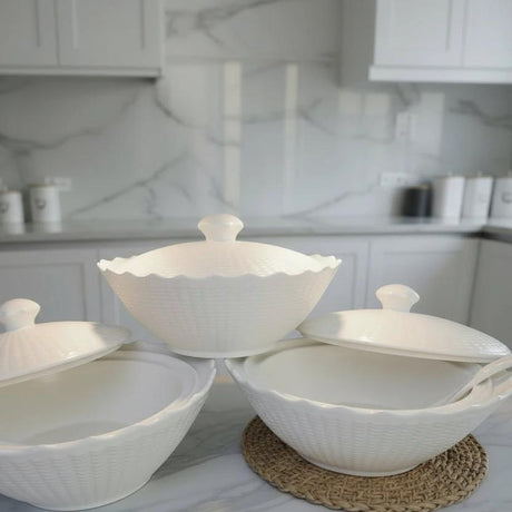 3pcs White Ceramic Serving Bowl Set - Wavy Pattern Kitchen & Dining Serveware