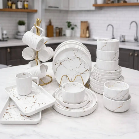 32-Piece Matte Stoneware Marble Dinner Set Dinnerware & Table Setting Dinnerware Sets