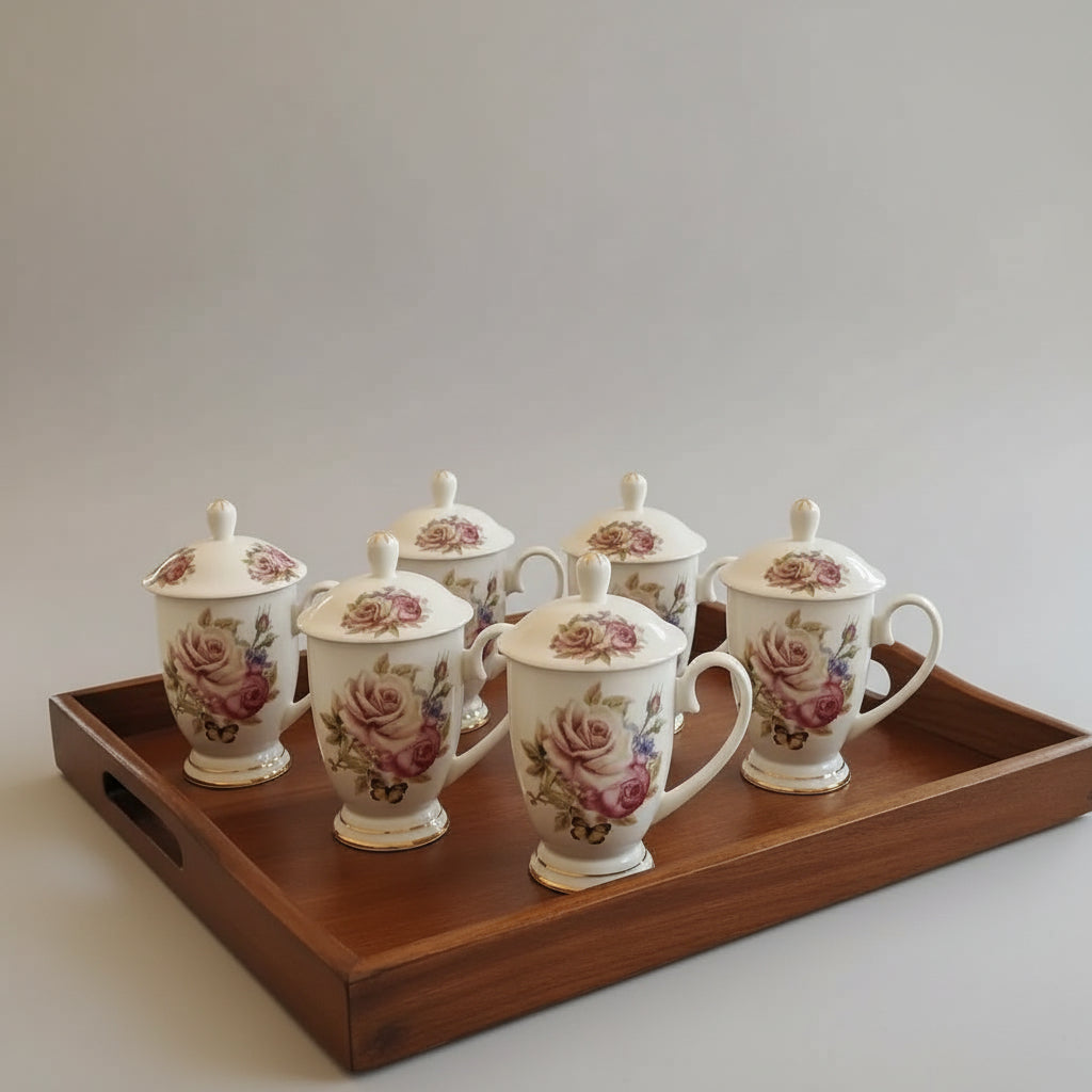 Luxury Rose Tea Mug – Bone China with Lid Kitchen & Dining Mugs