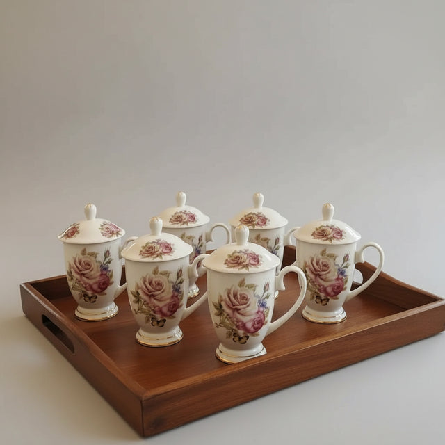 Luxury Rose Tea Mug – Bone China with Lid Kitchen & Dining Mugs