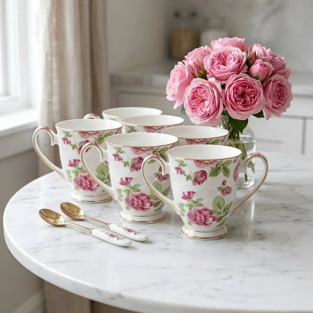 Bone China Flowered Cup – 300ml, Gold Rim Kitchen & Dining Coffee & Tea Cups