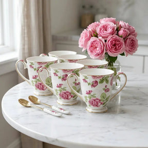 Bone China Flowered Cup – 300ml, Gold Rim Kitchen & Dining Coffee & Tea Cups