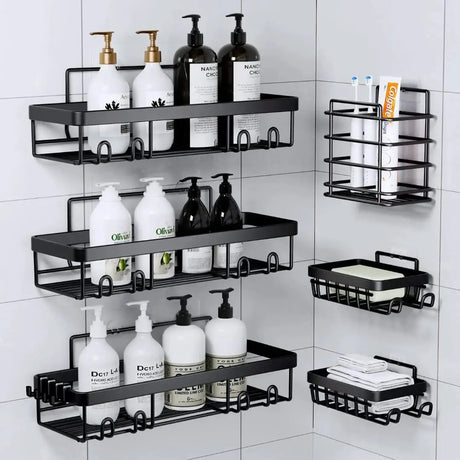 Metallic Carbon Shower Caddy – 6pc Set Bathroom Organizer Wall-Mounted Caddies