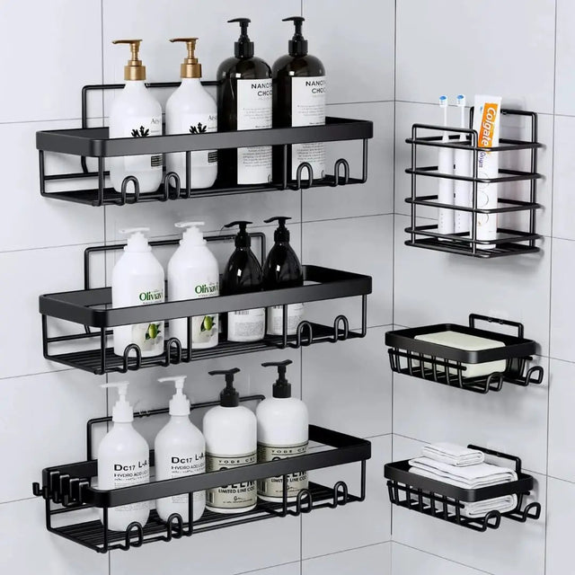 Metallic Carbon Shower Caddy – 6pc Set Bathroom Organizer Wall-Mounted Caddies