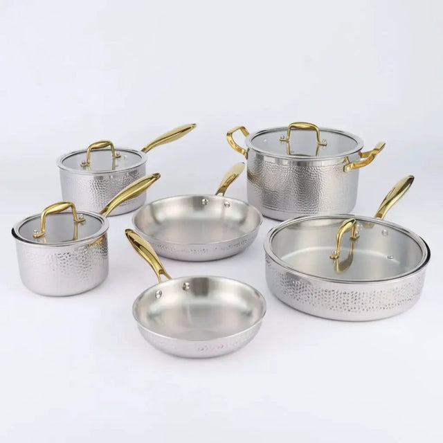Triple-Ply S/S Hammered Stainless Steel Cookware Set – 10pcs Cookware Cookware Sets