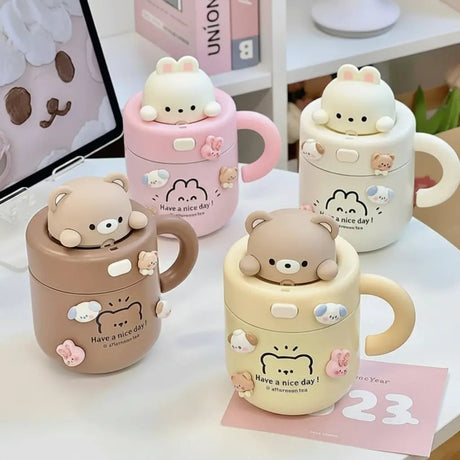 Kawaii Bear & Rabbit Thermos with Straw, 530ml Kitchen Thermoses