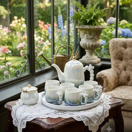 12pc Gold Deer Lid Accent Porcelain Tea Set Kitchenware Tea Sets