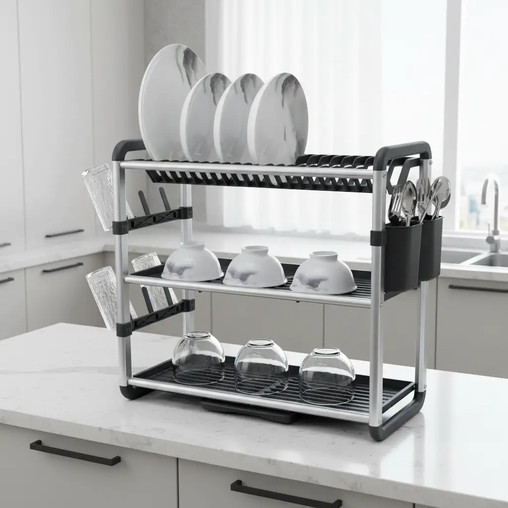 3-Tier Dish Drying Rack – Gold Aluminium Kitchenware Dish Racks