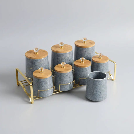 7-Piece Ceramic Spice Jars Set with Bamboo Lids Kitchen Storage Food Storage Containers