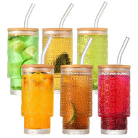 Highball Crystal Ribbed Glasses with Bamboo Lids & Straws Set of 4 Kitchen & Dining Drinkware Sets