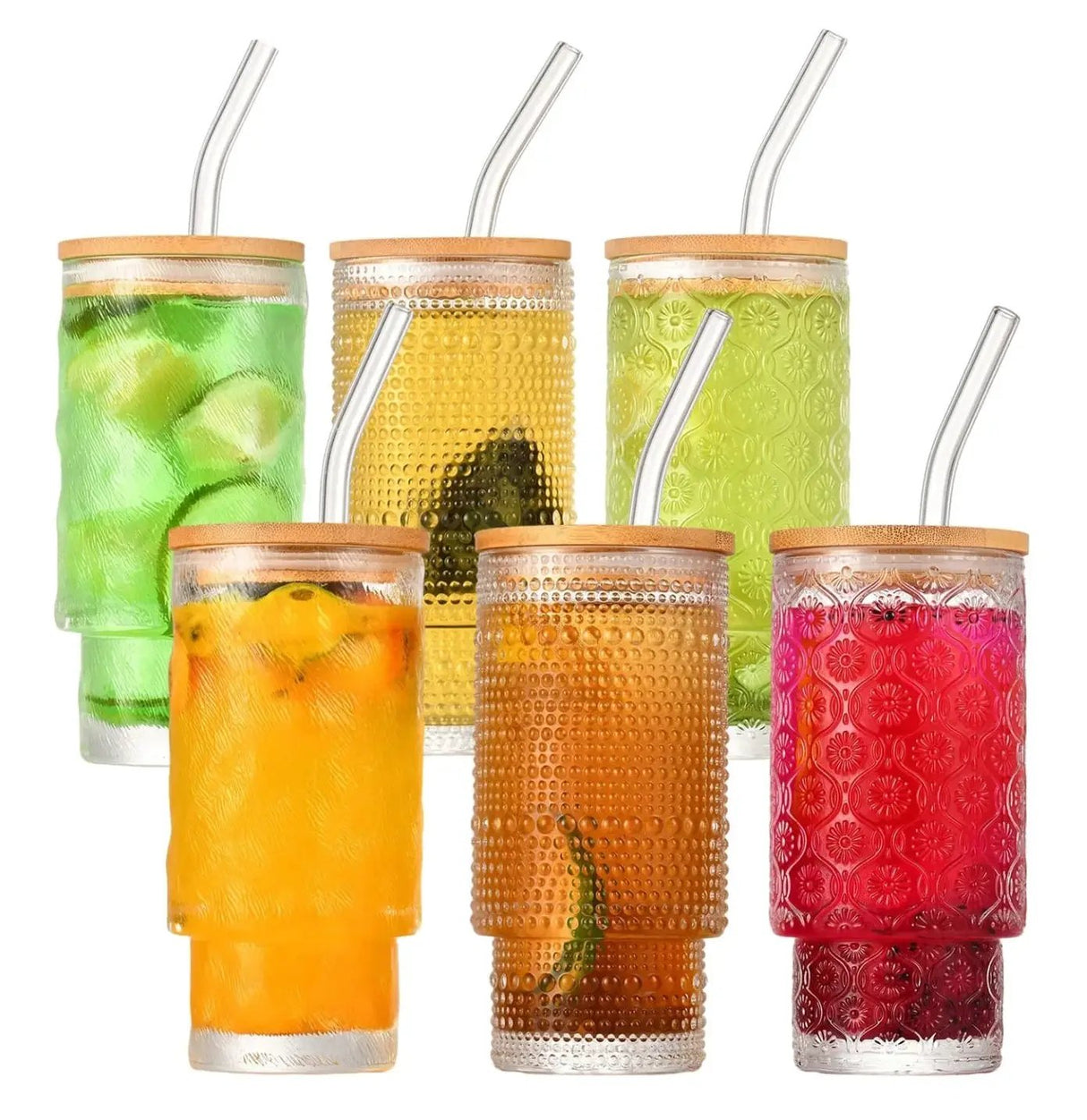 Highball Crystal Ribbed Glasses with Bamboo Lids & Straws Set of 4 Kitchen & Dining Drinkware Sets