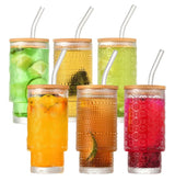 Highball Crystal Ribbed Glasses with Bamboo Lids & Straws Set of 4 Kitchen & Dining Drinkware Sets