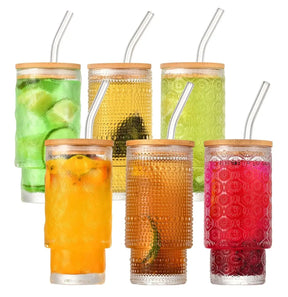 Highball Crystal Ribbed Glasses with Bamboo Lids & Straws Set of 4 Kitchen & Dining Drinkware Sets
